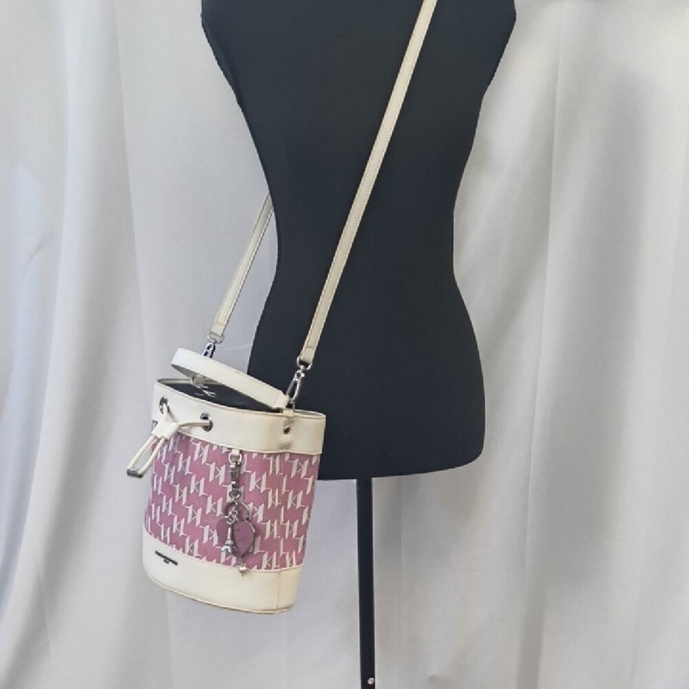 Like New Karl Lagerfield Paris Signature Leather Pink / Cream Bucket Bag